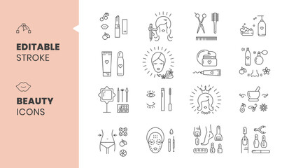 Vector illustration of beauty and cosmetology line art icons set, including makeup, skin care, and health elements with editable outline