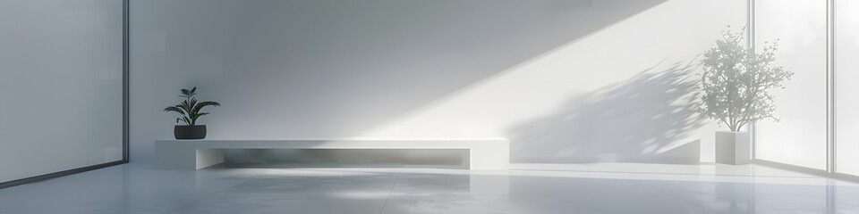 a sleek, minimalistic product showcase scene with soft natural lighting, modern white interior, large empty central space for inserting product or text, cinematic ultra wide shot, 16:4 aspect ratio