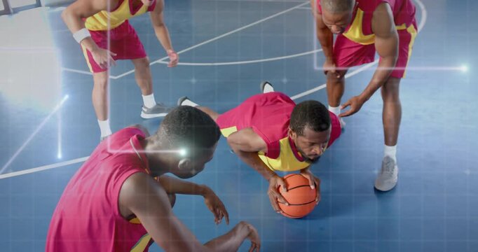 Athlete training gripping basketball initiating stability push-up, animated overlay tracking motion