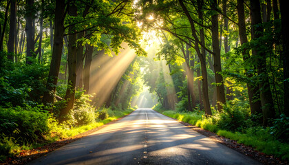 Obraz premium Sunlight Through Forest Road