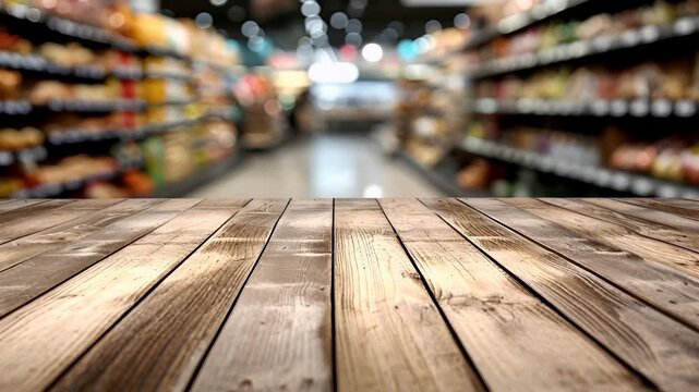 empty wooden table with blurred grocery store backgroundwooden table top with natural wood grain texture and light brown coloration.