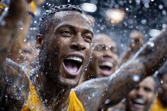 Celebration of victory by basketball players after a thrilling match in a packed arena