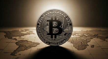 Close-up of Bitcoin on a world map background, showcasing global reach and decentralized nature of cryptocurrency, symbolizing financial technology and digital currency
