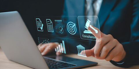 Business professional interacting with digital compliance interface on futuristic screen