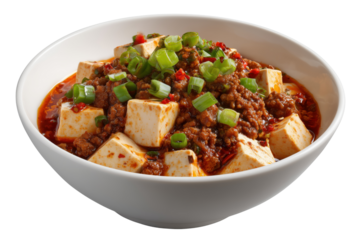 Bowl of spicy mapo tofu with minced meat and green onions isolated on a transparent background food asian