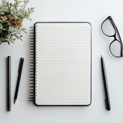 Notebook and pen on blank pages for writing and business notes in office setting