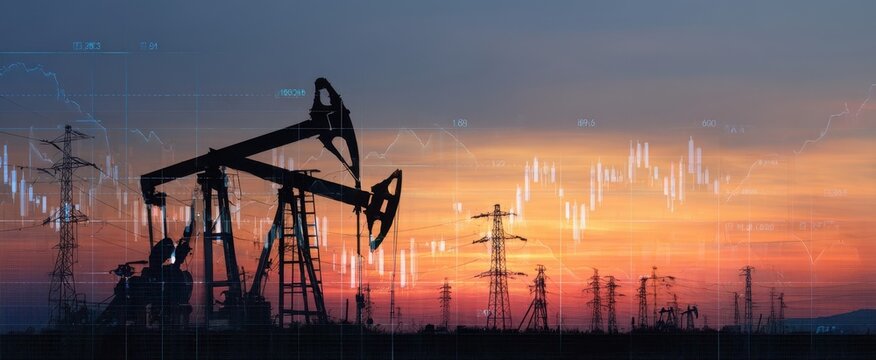 The oil pumpjack silhouette against a vibrant sunset with financial data overlays.