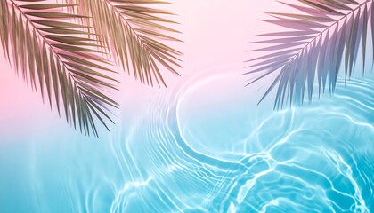 Fototapeta premium Serene Pastel Poolside: Palm Fronds and Rippling Water