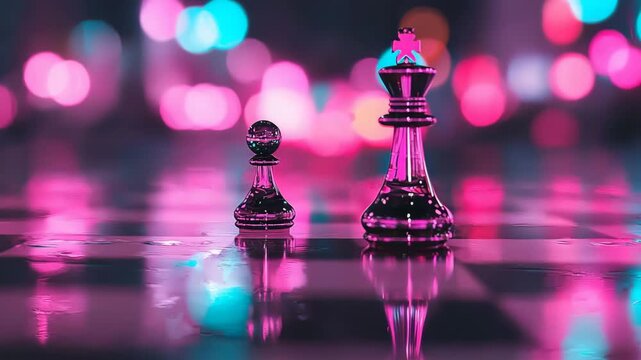 Glowing Chess Pieces on Reflective Surface with Colorful Bokeh Lights
