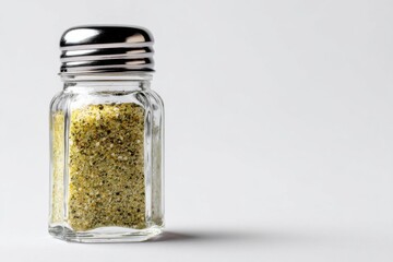 Glass spice jar with a metal lid containing colorful seasoning blend