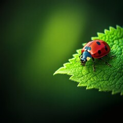 A detailed close-up showcasing the beautiful natural design of a red ladybug on a textured green leaf.