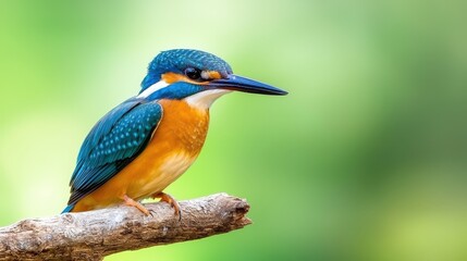 Vibrant Kingfisher Perched on Weathered Branch, Green Background