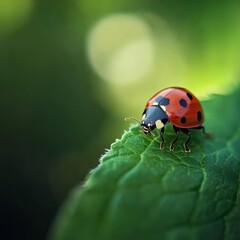 Fototapeta premium Showcasing nature's intricate design, a vibrant red ladybug rests on a fresh green leaf with a beautiful bokeh background.
