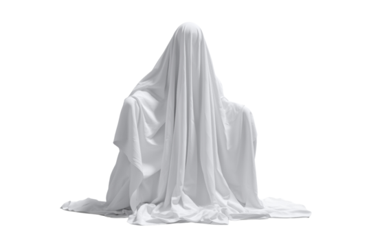 Figure draped in white fabric sitting on chairs isolated on a transparent background image