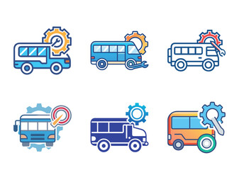 Icon set featuring buses with gears, wrenches, and a target for repair services