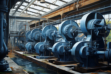 Row of vintage industrial water pumps in a factory setting