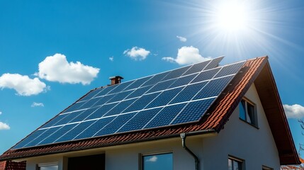 Naklejka premium Modern solar panel installation design on a residential house roof under a bright sunny sky, showcasing sustainable energy technology.