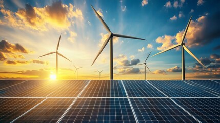 An innovative design concept for clean energy generation with wind turbines and solar panels under a golden sunset.