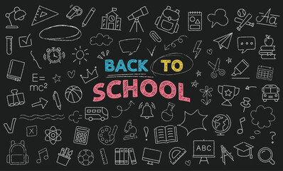 Back To School icon set. Chalk hand drawn doodle icons on chalkboard. Containing school supplies, stationery, lettering and grunge decoration elements. Charcoal, crayon doodles vector Illustration.