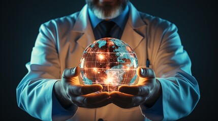 Scientist holding glowing digital Earth in hands image