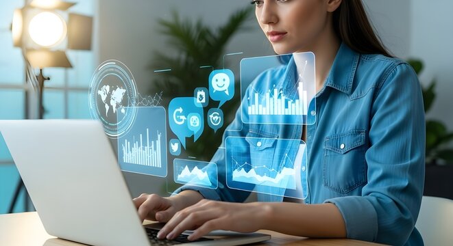 Woman using laptop with social media icons overlay