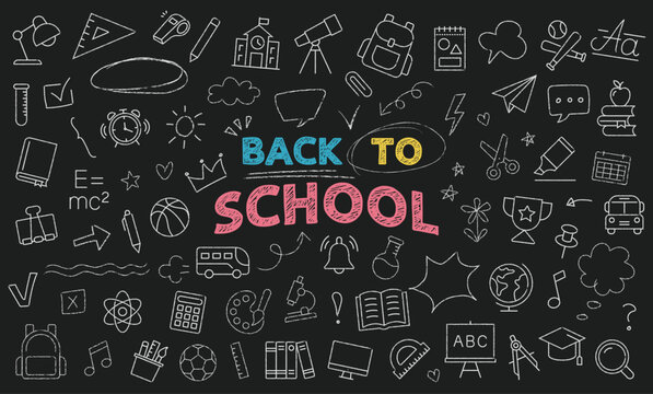 Back To School icon set. Chalk hand drawn doodle icons on chalkboard. Containing school supplies, stationery, lettering and grunge decoration elements. Charcoal, crayon doodles vector Illustration. - Powered by Adobe