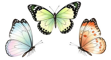 Obraz premium Beautiful monarch butterflies with colorful wings fly against a white background