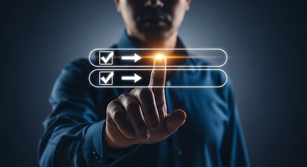 A person touching a digital interface with check marks and arrows on a dark blue background