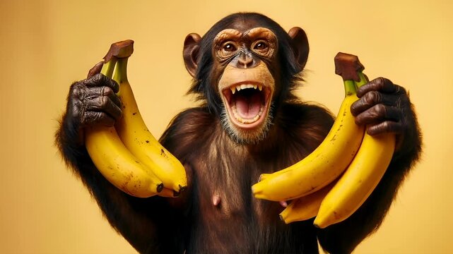 A closeup of a chimpanzee holding a bunch of bananas. The chimpanzees face is the central focus, with its mouth open and eyes wide open, revealing sharp teeth.