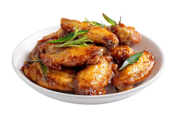 Glazed Chicken Wings with Fresh Green Garnish in White Bowl isolated on a transparent background glossy