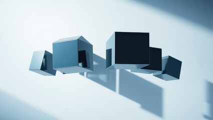Geometric arrangement of metallic cubes and cuboids casting shadows on a light blue background