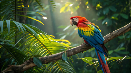 Obraz premium Colorful macaw parrot perched on a branch in the lush green rainforest