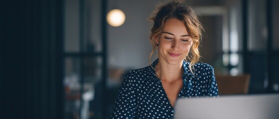The smiling woman working on a laptop in a modern workspace.