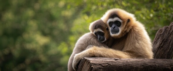 Fototapeta premium The affectionate bond between a gibbon and its baby in a serene setting.