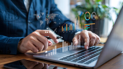 Dynamic businessman analyzing global data with advanced analytics on laptop, driving business growth