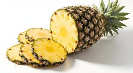 ripe Pineapple cut in half and slices isolated on white background
