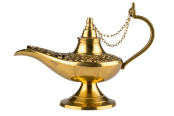 Side View of Ornate Brass Genie Lamp with Decorative Lid, isolated on transparent background
