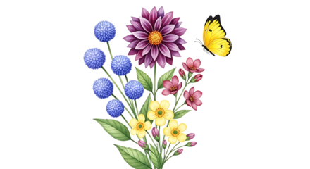 A beautiful bouquet of pink and purple spring flowers, featuring tulips and daisies, blooming in nature