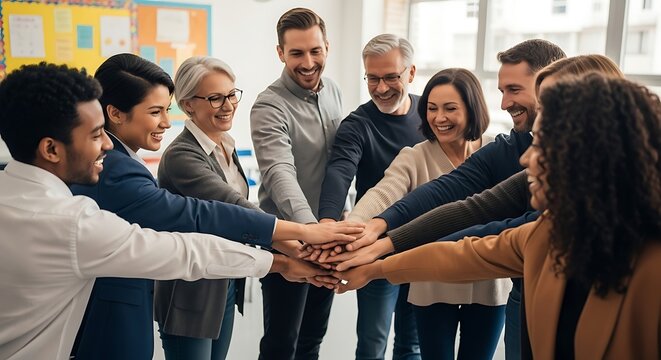 Diverse business team joining hands in a circle for unity and teamwork - Powered by Adobe