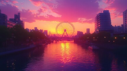 Obraz premium Blurry sunset cityscape over canal with Ferris wheel