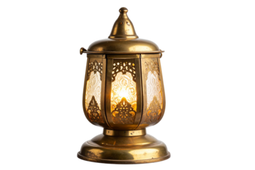 Flat-Laying Brass Oil Lamp with Floral Engravings, isolated on transparent background
