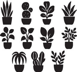A diverse vector set of plants, leaves, and flowers in pots, ideal for eco-friendly and organic design illustrations