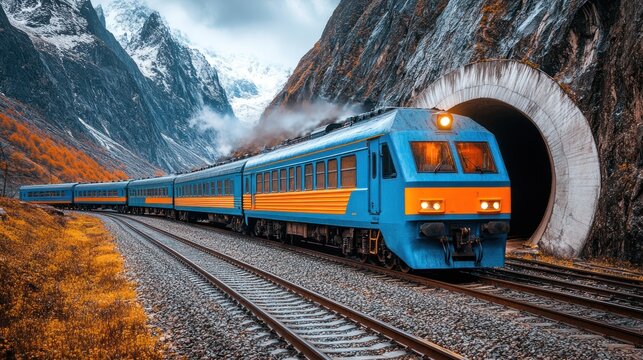 Blue train through autumn mountains