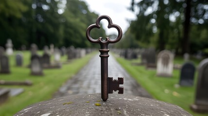 Ntique bronze key on stone in cemetery, mystery and remembrance