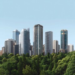 Obraz premium Modern city skyline emerges from lush green forest under a clear blue sky