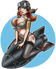 retro style pinup woman riding on a air bomb	