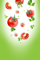 Red ripe tomatoes with slice  flying on air. Background for packaging and label design