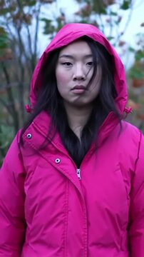 A woman stands confidently in a vibrant pink jacket, surrounded by a blurred natural landscape. Perfect for themes of fashion, adventure, or outdoor lifestyles.