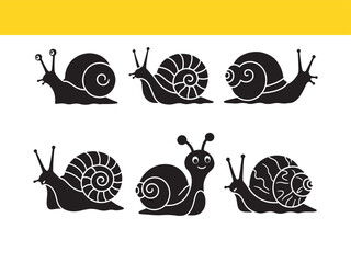 Set of six distinct snail silhouettes, a graphic collection of isolated vector icons showing different gastropod forms.