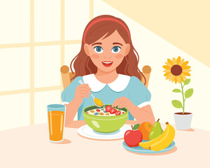A cheerful young girl enjoying a healthy breakfast of cereal and fresh fruit
